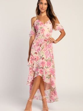 Lulus Watch Me Grow Pink Floral Print Cold-shoulder High-low Dress - Size XL